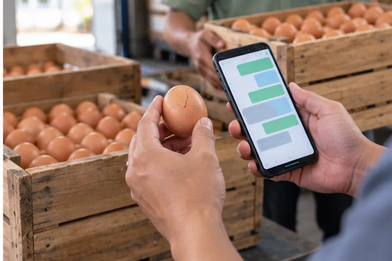 Telur retak ditunjukkan sambil mengirim foto klaim lewat ponsel
