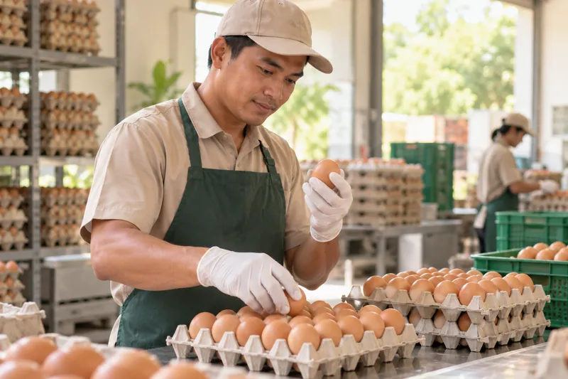 Pekerja menyortir telur ke tray dengan sarung tangan bersih