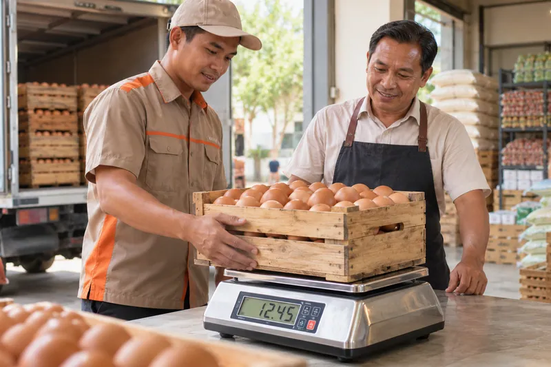 Penimbangan peti kayu telur di atas timbangan digital bersama pembeli