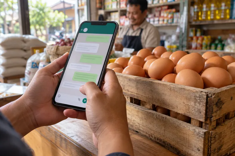 Pembeli mengirim pesanan telur lewat chat WhatsApp di depan peti telur