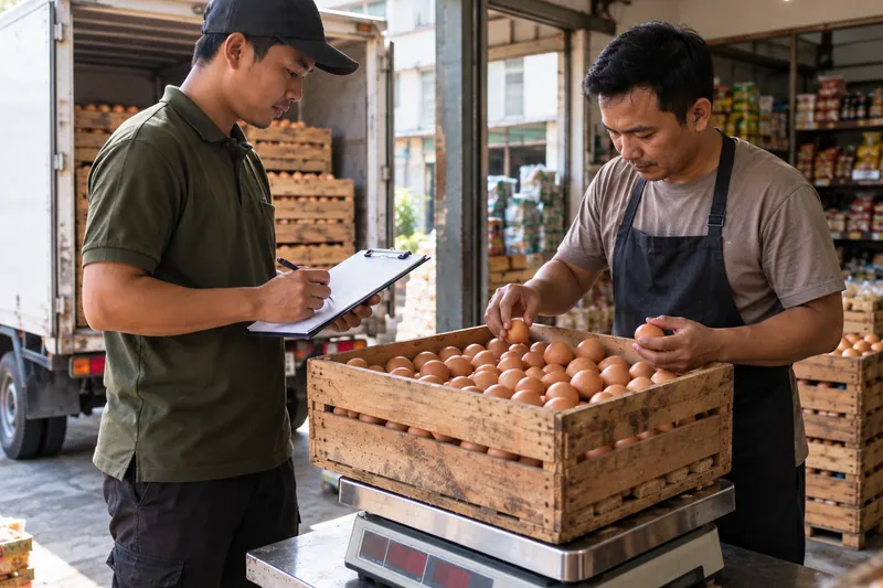 Pembeli dan pengemudi memeriksa telur di atas timbangan saat serah terima